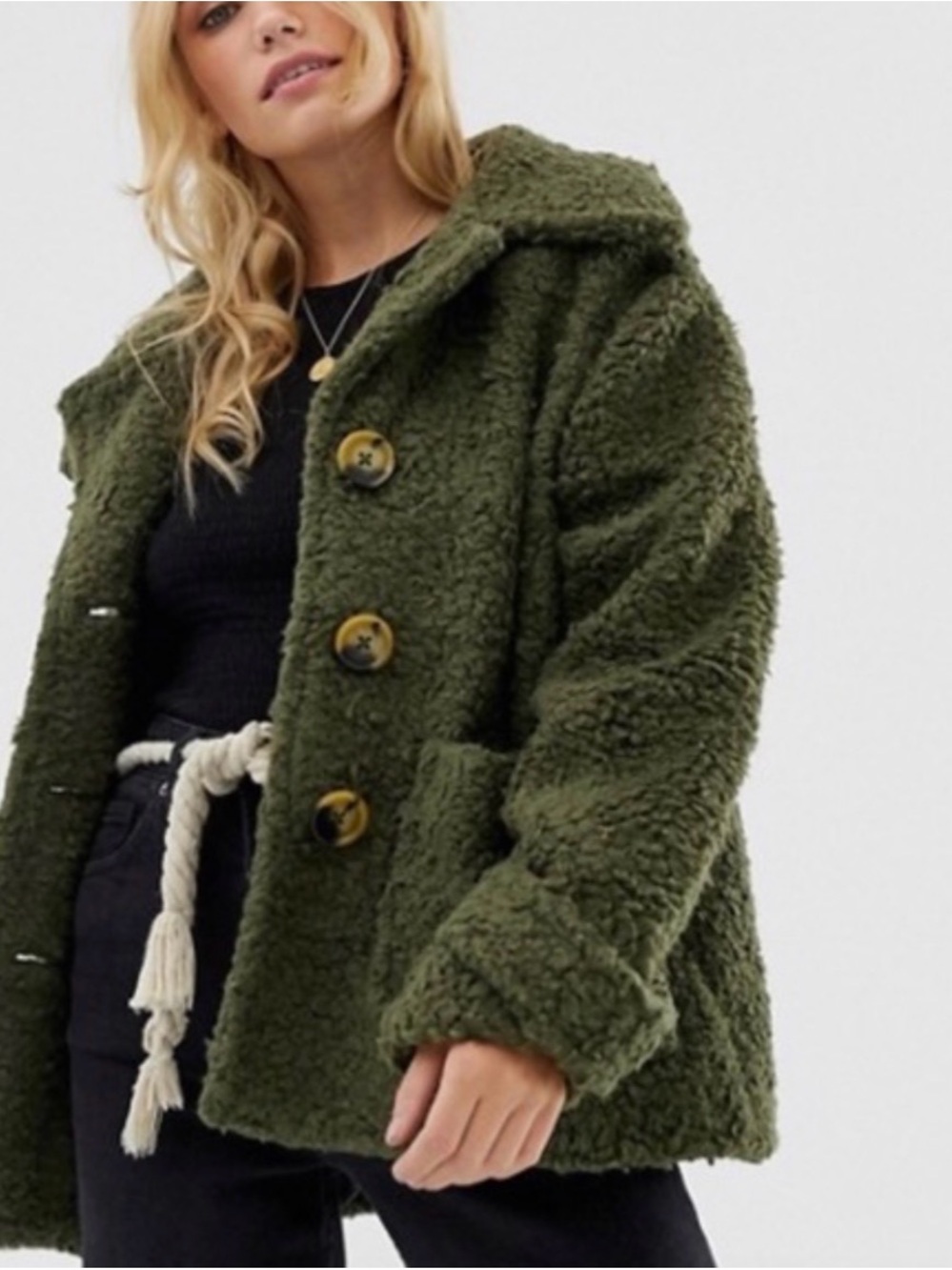 Free People So Soft Olive Green Teddy Coat Size XS